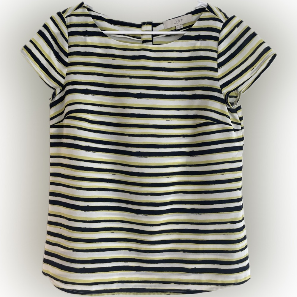 LOFT Short-Sleeve Striped Top in Navy, White and Yellow-Green